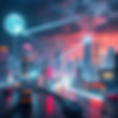 A vibrant city skyline showcasing electricity and water utilities, representing intelligence as a utility for everyone.