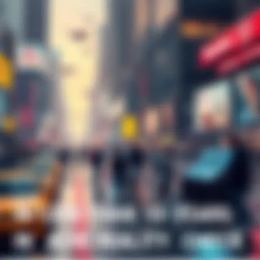 A vibrant city with advanced technologies, flying cars, and diverse people interacting with digital displays.