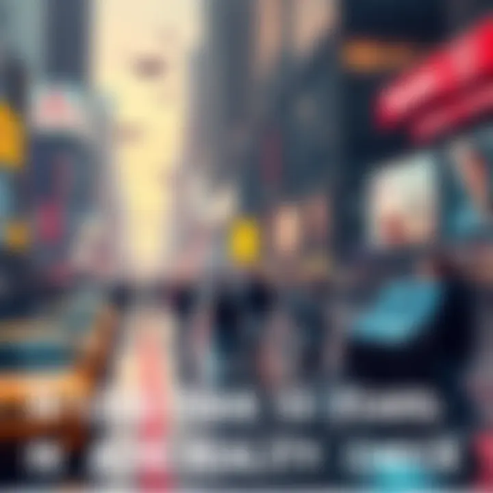 A vibrant city with advanced technologies, flying cars, and diverse people interacting with digital displays.