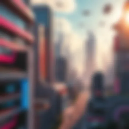 A vibrant city in the future with advanced technology, sleek buildings, and flying vehicles under a bright sky.