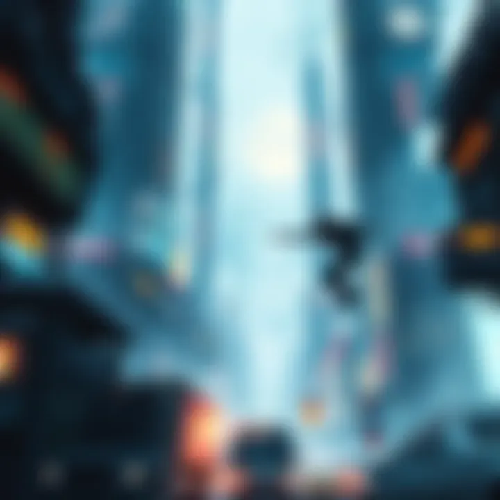 A character performing parkour in a dystopian city filled with towering mega-corporations and urban decay.