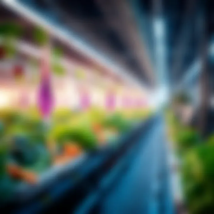 A modern farm showcasing vertical growing systems with fresh vegetables and high-tech equipment.