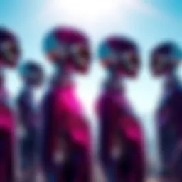 A group of humans with shiny, glass-like skin and futuristic clothing, standing in a bright landscape.