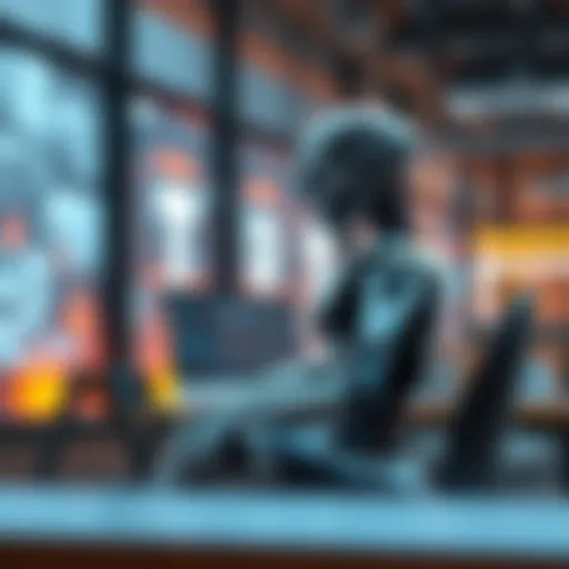 A sleek robot sitting at a desk, interacting with a computer, symbolizing the rise of AGI in everyday life