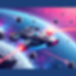A sleek, futuristic spaceship battles in a vibrant cosmic setting with lasers firing and asteroids flying by.