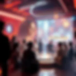 A diverse group of people in a high-tech environment discussing spirituality, with holographic displays of symbols and technology around them.