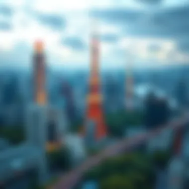 A vibrant Tokyo skyline in 2080 featuring advanced technology, green spaces, and modern buildings intermixed with traditional architecture.