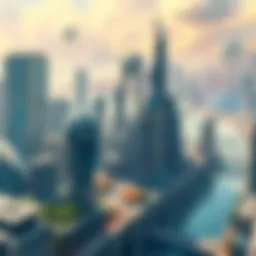 A vibrant cityscape showing advanced architecture, green spaces, and futuristic transportation systems set in a bright future