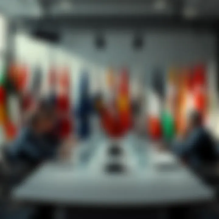 Global leaders and AI executives gather around a table at the G7 Summit in France, discussing AI access and regulations, with flags representing different countries in the background.