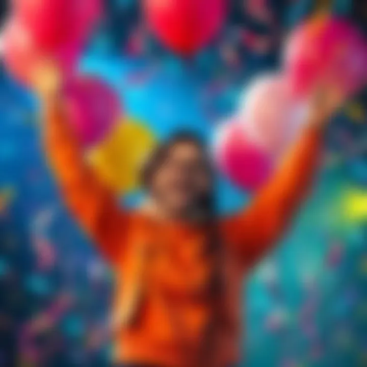 A joyful creator celebrating their game reaching over 600 views and 20 downloads with balloons and a confetti background.
