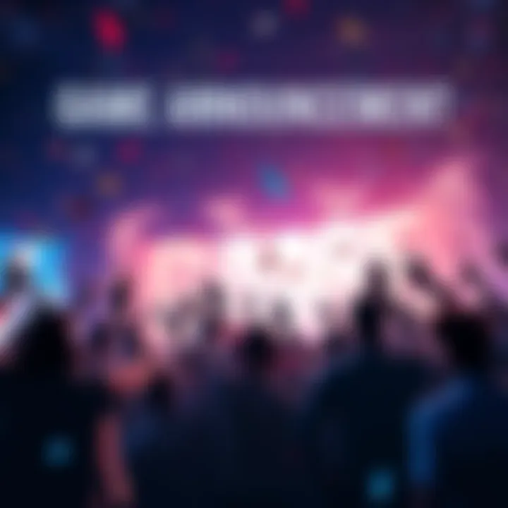 People celebrating the exciting announcement of a new game, with confetti and a big screen displaying the game name.