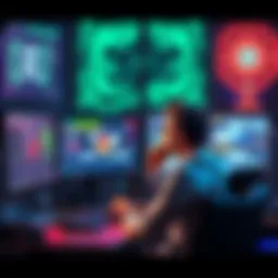 A game developer sitting at a desk, looking thoughtfully at computer screens displaying AI graphics and game designs, symbolizing the conflict between creativity and technology.