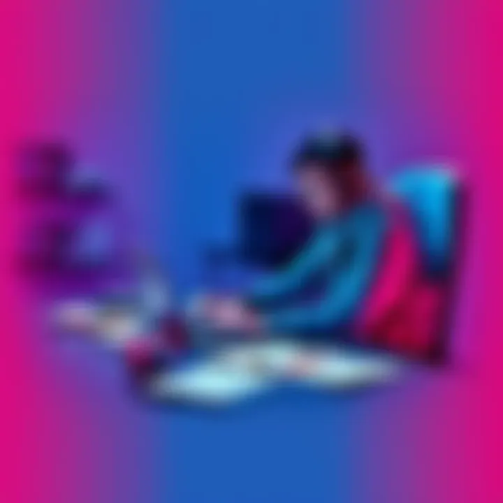 A game developer sitting at a desk with a laptop, contemplating language options for their game, surrounded by notes and sketches.