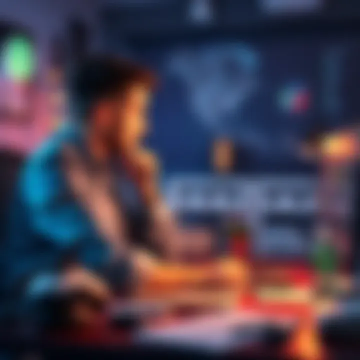 A thoughtful game developer sitting at a desk, surrounded by game design materials, contemplating marketing strategies for their game after two years of development