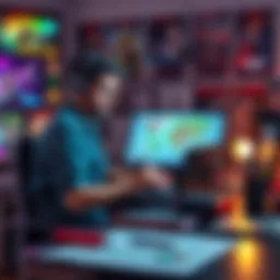 A game developer sitting at a desk with a laptop, sketching out ideas for a video game, surrounded by gaming posters and notes.