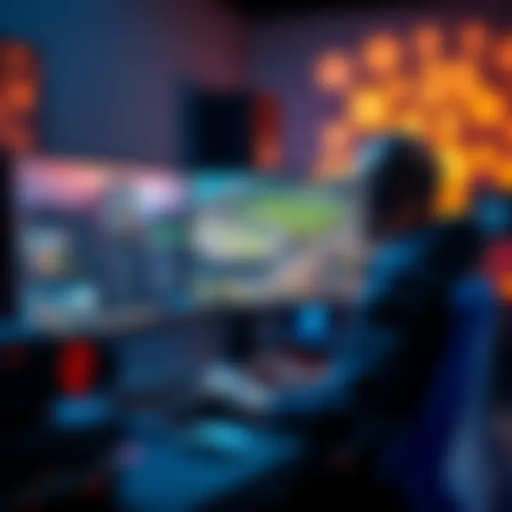 A game developer focused on coding with an ultrawide monitor displaying a game interface