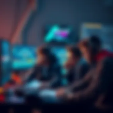 A group of game developers working together on user interface design for a video game, showing screens with HUD mockups and notes.