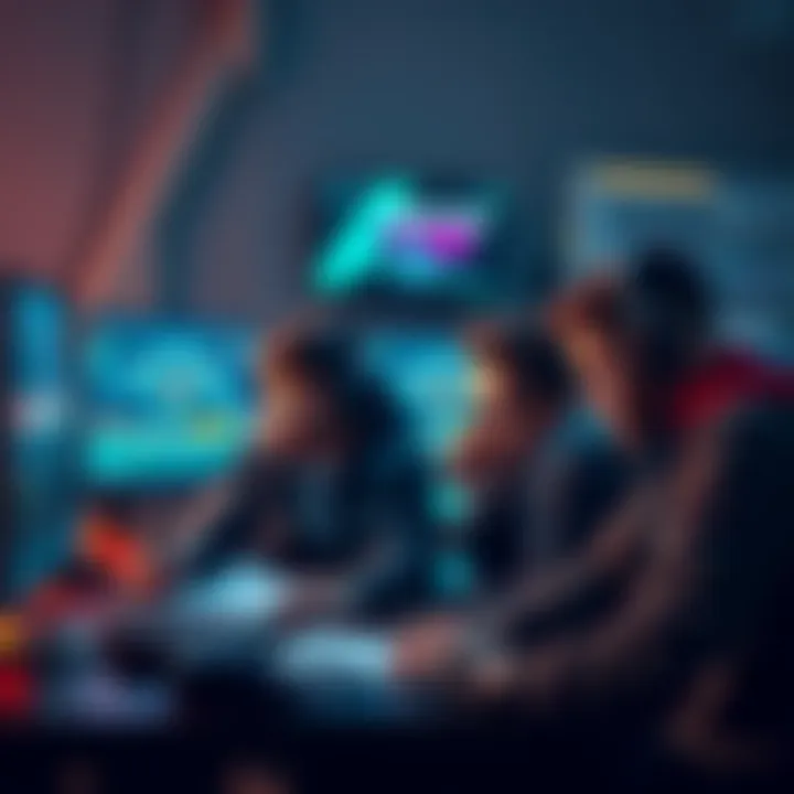 A group of game developers working together on user interface design for a video game, showing screens with HUD mockups and notes.