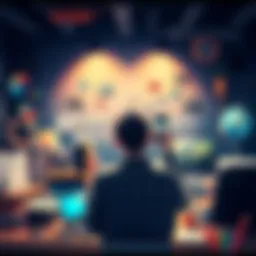 A person brainstorming ideas for game design surrounded by art and design materials