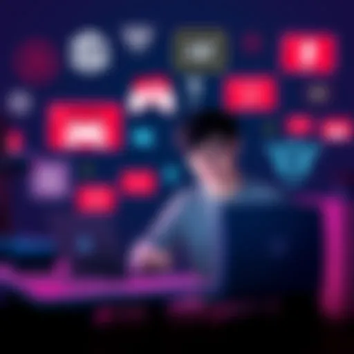 A person sits at a desk with a laptop, looking frustrated while coding a video game. Various game engine logos and error messages float around.