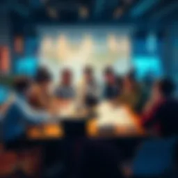 A group of diverse people brainstorming around a table with gaming concepts and sketches on display, highlighting teamwork in game development without programming skills.