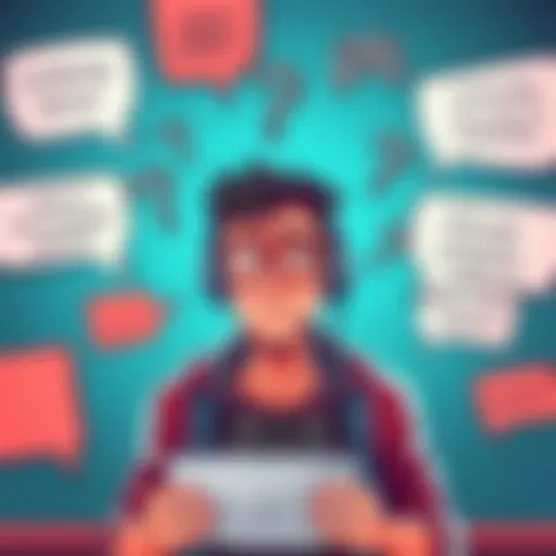 Illustration showing a confused game developer surrounded by speech bubbles with conflicting advice about marketing, fundraising, and community engagement.