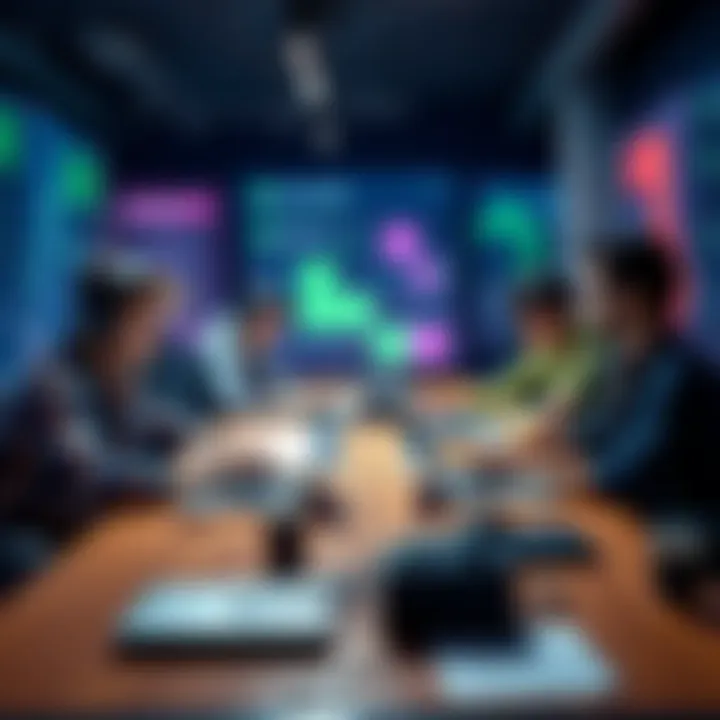 A group of indie developers collaborating on game design ideas at a table with sketches and laptops