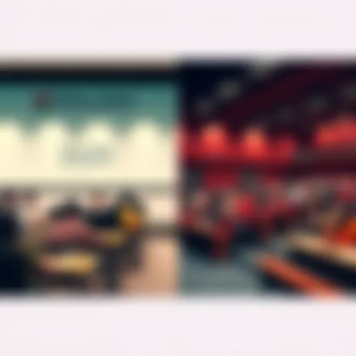 A split image showing Full Sail University on one side with students in a classroom and a traditional university on the other side with students in a lecture hall, illustrating the choice between the two education paths.