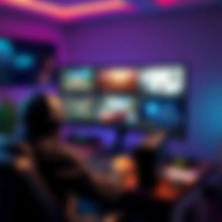 A developer working on game projects using Godot on a computer, with various game screens displayed on the monitor.