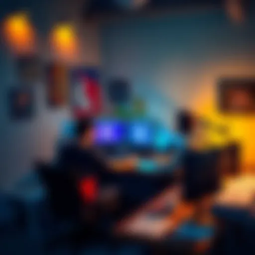 A programmer and friend are working on a game at a computer desk with Unity software on the screen, papers scattered around, and gaming artwork on the walls.