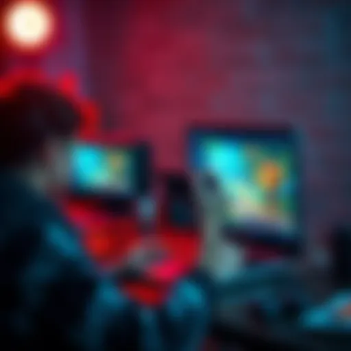 A person working on a laptop, sketching game designs and coding, with game art on the screen.