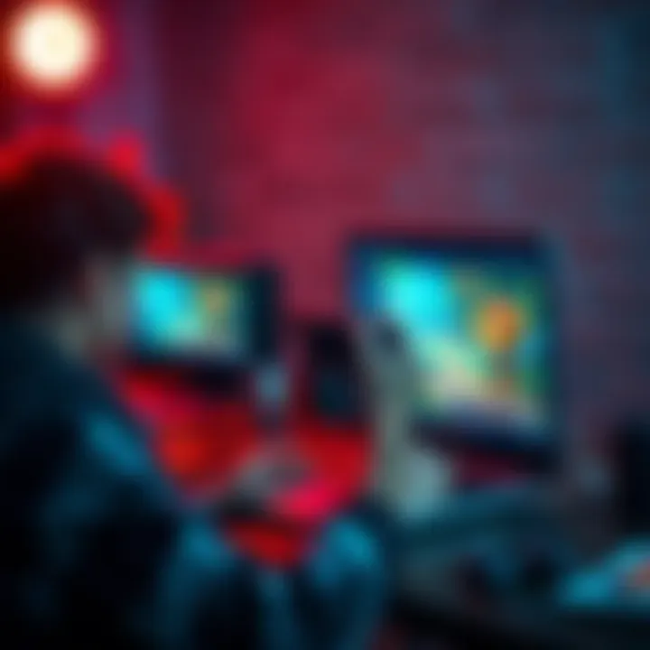 A person working on a laptop, sketching game designs and coding, with game art on the screen.