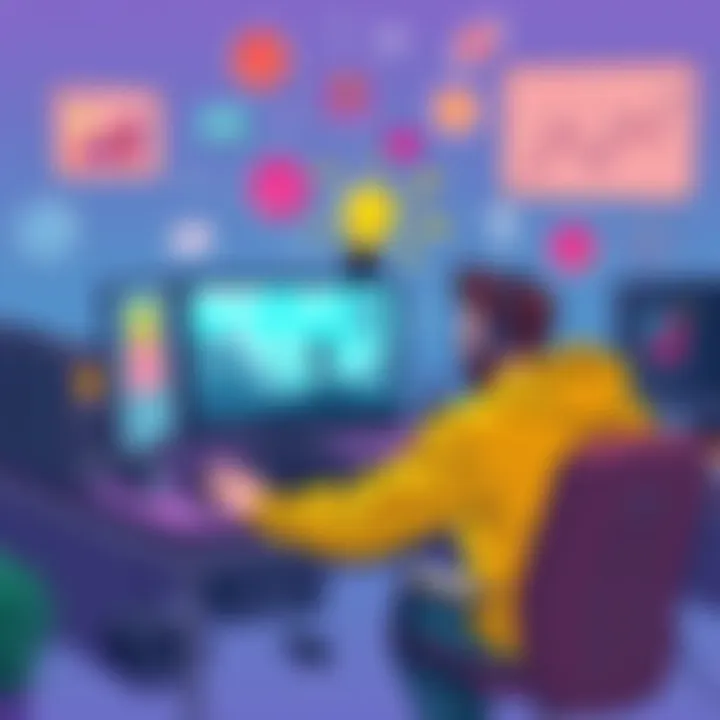 A colorful illustration showing a person at a computer, excitedly working on a game design, with graphics and icons around representing innovation, growth, and success.