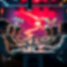 A diverse group of game developers sharing their skills in programming, design, art, and music at a roundtable discussion.