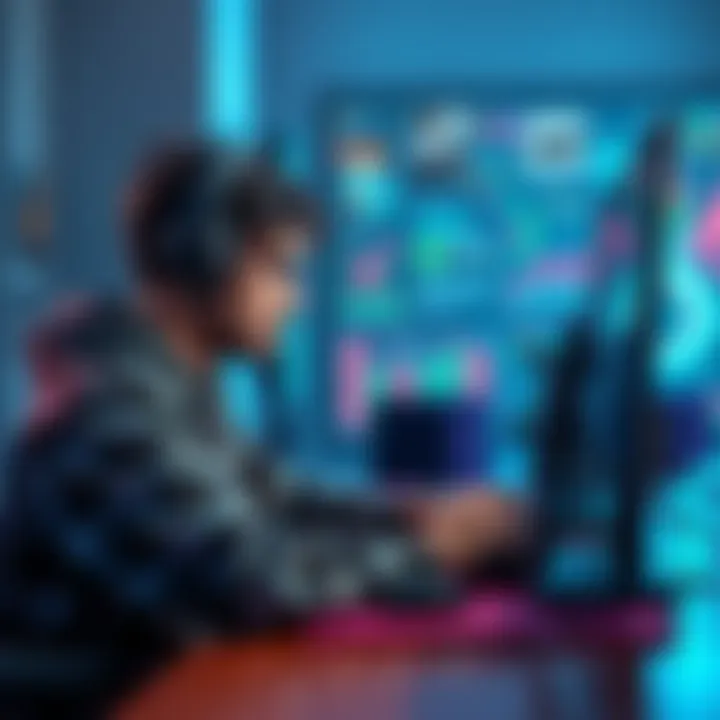 A person coding on a computer with game design elements around them