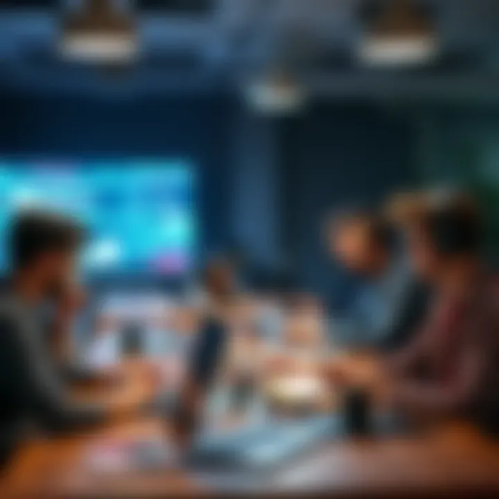 Game Development Techniques A group of people discussing different methods of game development at a table with laptops and notes