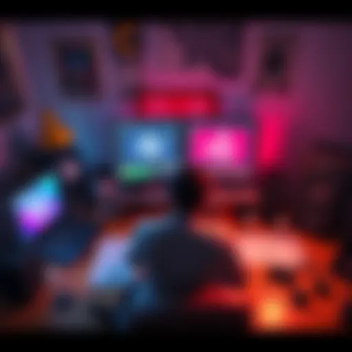 A person sitting at a desk with a laptop, exploring game development options with Godot and Unity on the screen, surrounded by art supplies and sound equipment.