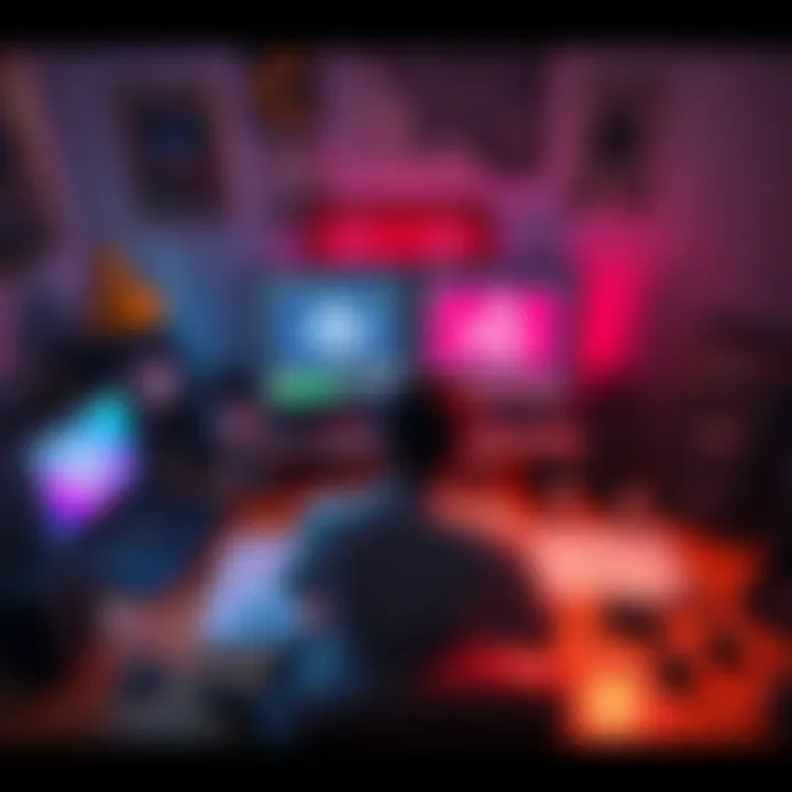 Game Development Tools A person sitting at a desk with a laptop, exploring game development options with Godot and Unity on the screen, surrounded by art supplies and sound equipment.