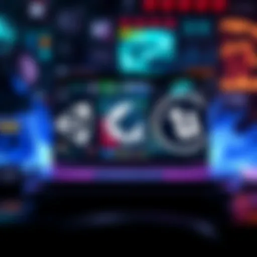A laptop displaying Unity and Unreal Engine logos with game design elements around it