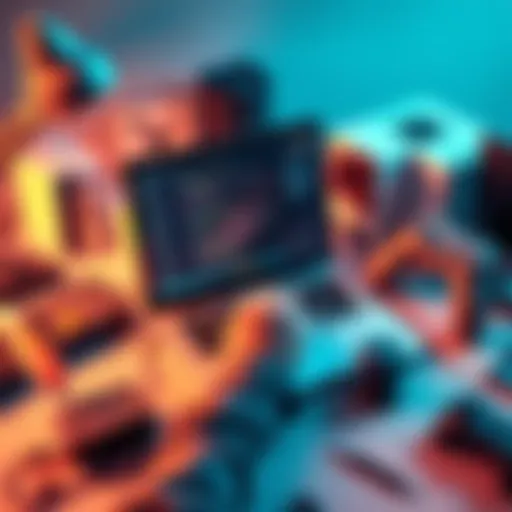 A person working on a laptop with programming code on screen and 3D models in Blender, surrounded by game design materials