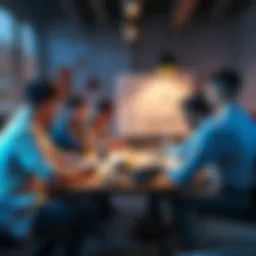 A group of people brainstorming creative game ideas around a table with sketches and notes, showcasing collaboration and innovation.