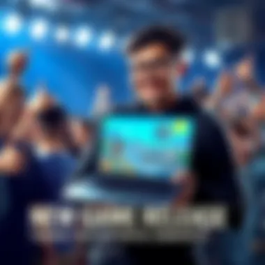 Game Launch Celebration A solo game developer smiling and holding a laptop showing their new game. The background includes supportive community members giving thumbs up.