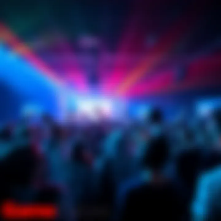 People enjoying the atmosphere at a game launch event with exciting music and visuals.