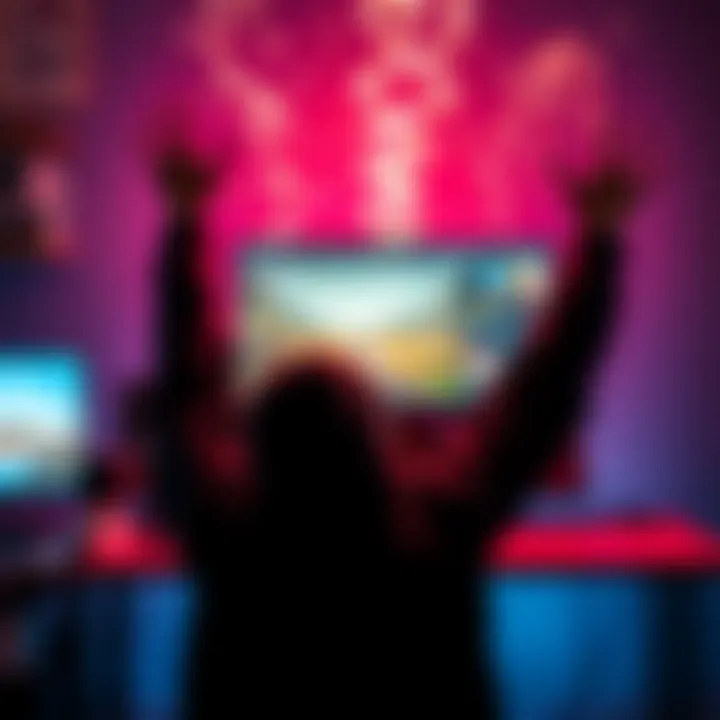 A person celebrating the launch of their first game with a computer screen displaying the game on Steam, showing excitement and eagerness for player feedback.
