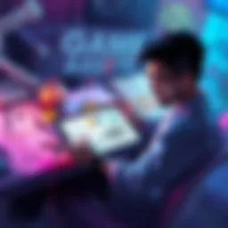 A solo developer sketching game art assets on a tablet surrounded by colorful designs and sketches