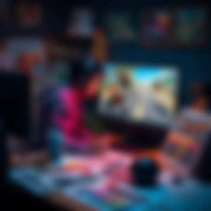 An artist creates digital art for a game on a computer, surrounded by sketches and color palettes.