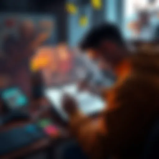 An artist sketching game characters and concepts on a digital tablet, surrounded by placeholder assets and color palettes, showing the transition from rough designs to finished artwork.