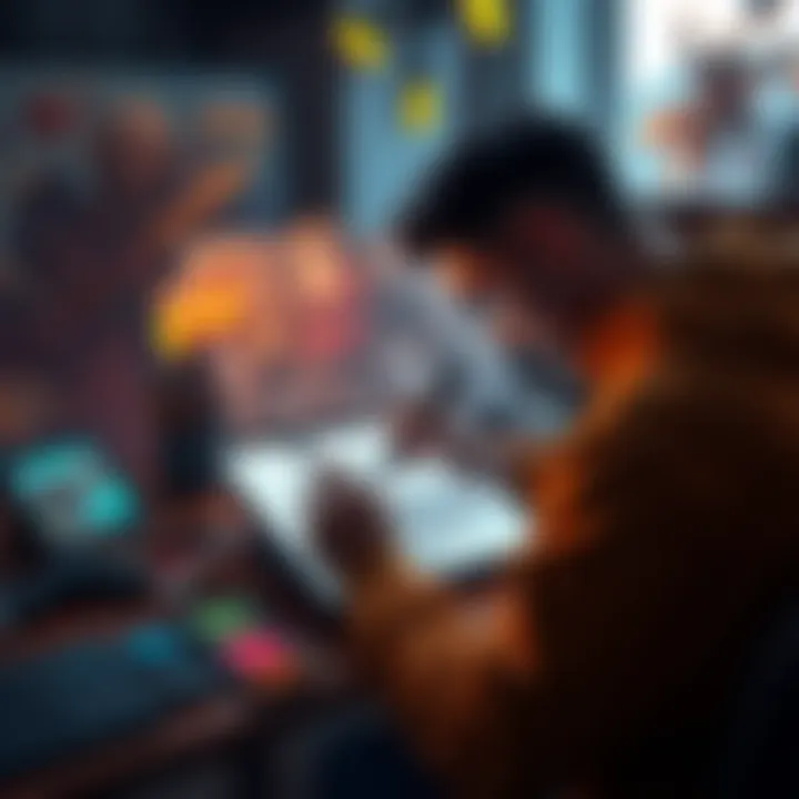 An artist sketching game characters and concepts on a digital tablet, surrounded by placeholder assets and color palettes, showing the transition from rough designs to finished artwork.