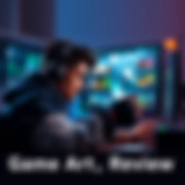 A game developer analyzing visual art elements like color palettes and shadow effects on a digital screen.