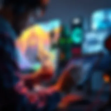 An artist working on digital character designs for a video game using a tablet and stylus.